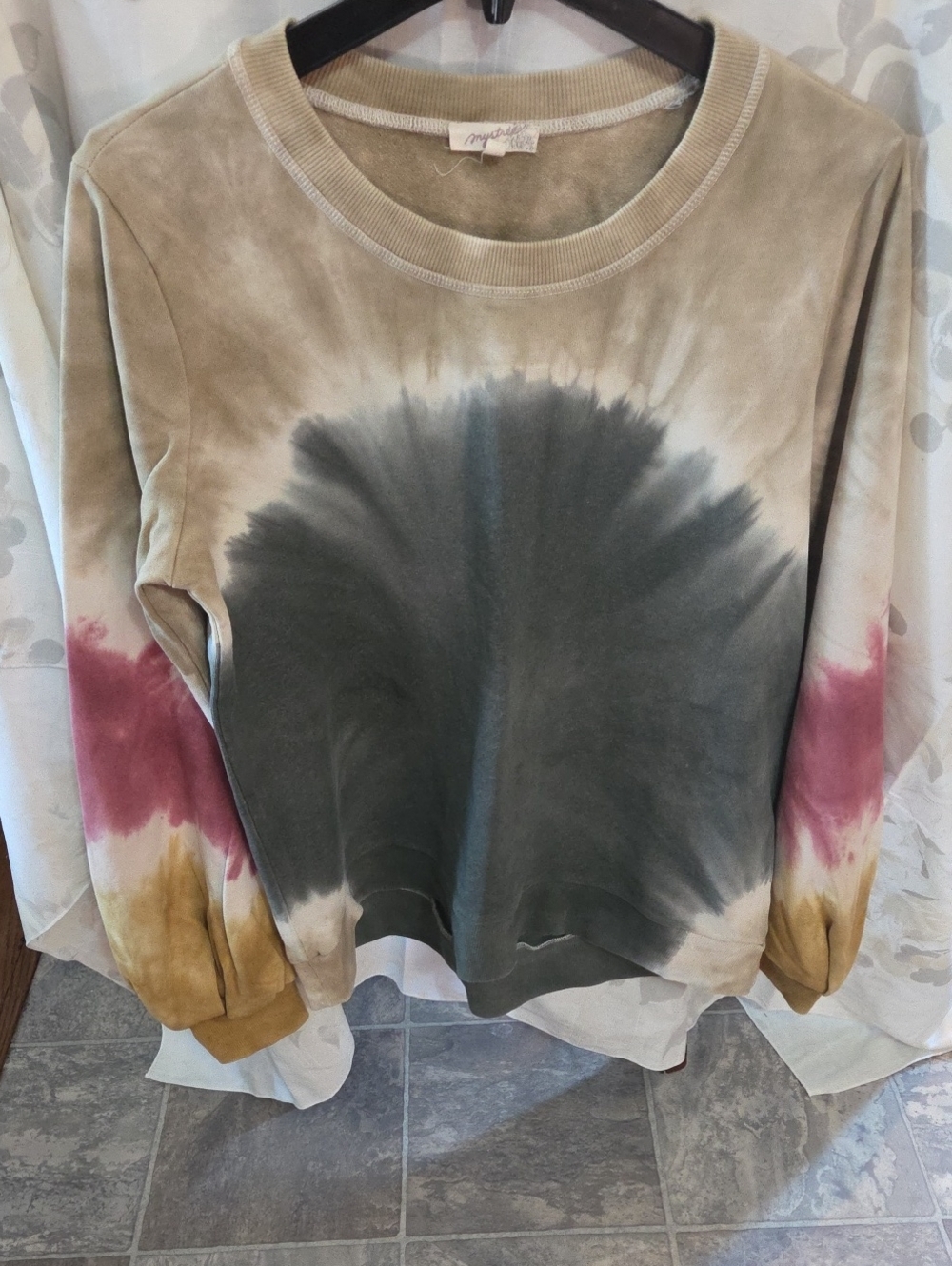 Mystree Tie-Dye Crewneck Sweatshirt in Olive, Taupe, Mustard & Burgundy